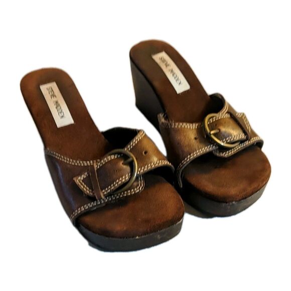Steve Madden Drill Wood Wedge Leather Open Slip-On Sandals Platform Buckle 7B - Picture 10 of 12